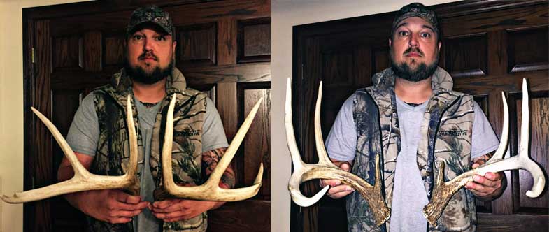 Man holding shed deer antlers